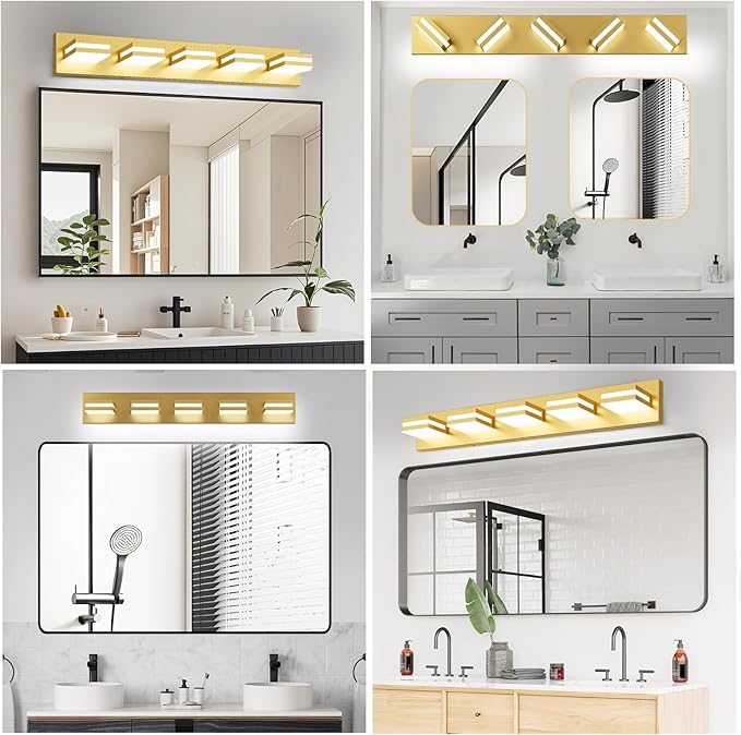 IZORRO LED Modern Bathroom Lights Fixtures(5-Light,Dimmable,360°Rotate),Brushed Glod Acrylic Wall Lighting,Vanity Lights for Bathroom Over Mirror - 6000k 30In （No Assembly Required）