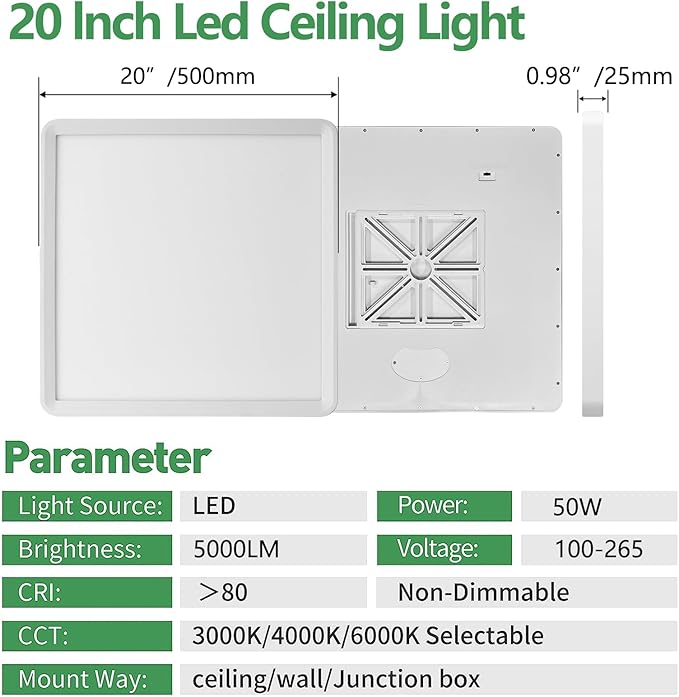 20 Inch Large LED Flush Mount Ceiling Light, 45W, 4500LM, Non-dimmable, 3000K/4000K/6000K CCT Selectable, White Square Flat Panel Light, Low Profile, Fits Hallway, Kitchen, Bedroom, Laundry Room