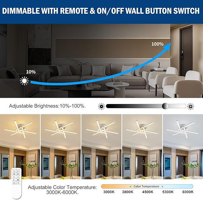 Dimmable LED Ceiling Light with Remote, 6-Light Surface Mount Ceiling Lights for Bedroom Living Dining Room, Modern White Ceiling Lamp LED Chandeliers Ceiling Light for Kitchen 24''