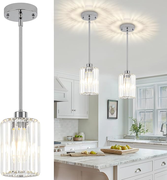 2 Pack Chrome Crystal Pendant Lights Kitchen Island, Modern Kitchen Pendant Lighting Over Island Dining Room Light Fixtures Adjustable Hanging Pendant Light for Bathroom Hallway Entryway Bedroom Foyer