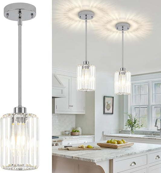 2 Pack Chrome Crystal Pendant Lights Kitchen Island, Modern Kitchen Pendant Lighting Over Island Dining Room Light Fixtures Adjustable Hanging Pendant Light for Bathroom Hallway Entryway Bedroom Foyer