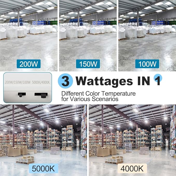 4-Pack High Bay LED Shop Lights 200W 2FT 28000LM, 200W/150W/100W Selectable, 4000K/5000K Adjustable, 100-277V, Linear High Bay Lights for Warehouse Workshop Supermarket Stadium, ETL Listed