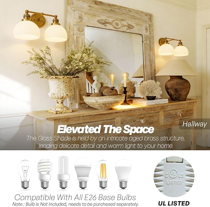 2-Light Gold Wall Sconces,Vintage Bathroom Wall Sconce Light with Milk Glass Double Arm Brass Bathroom Vanity Light for Living Room Bedroom Kitchen E26 Hardwire Indoor