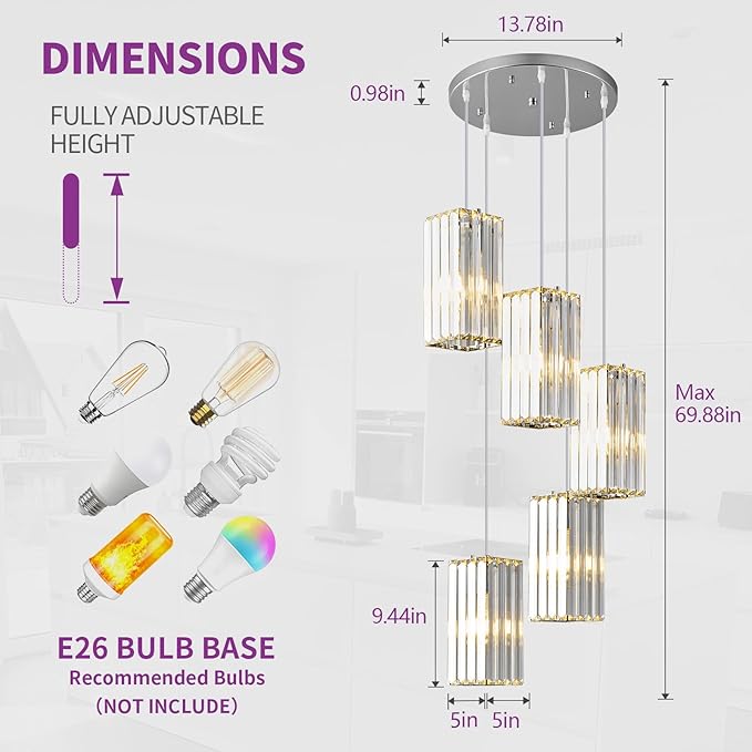 Modern Pendant Light Chrome Rectangle Pendant Lighting Mini Crystal Chandeliers Adjustable Pendant Light Fixture for Kitchen Island Dinning Room Living Room Corridor Bedroom(Chrome 5-Light)