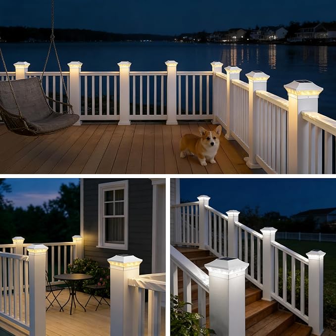 Brightever 4x4 3.5x3.5 Solar Post Cap Lights Outdoor, 12-Pack Solar Fence Post Lights for Wooden/Vinyl Posts, 2 Modes (Warm/Cool White), Solar Powered Waterproof Deck Post Lights for Patio, White