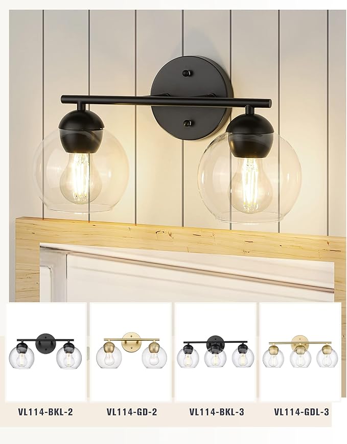 Emak 2-Light Black Bathroom Light Fixtures Over Mirror, Globe Bathroom Vanity Lights with Clear Glass Shade, VL114-BKL-2