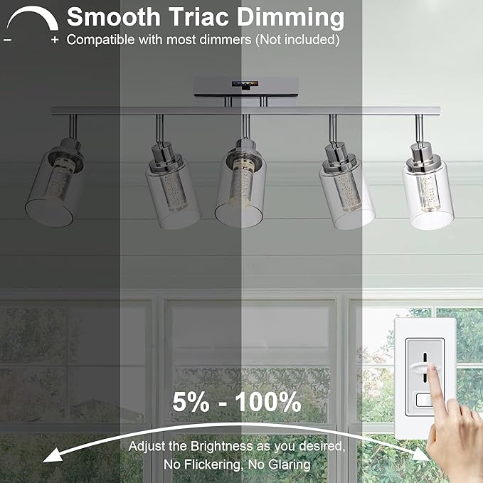 MELUCEE 5-Color Dimmbale Rotatable Spotlight Ceiling Light Fitxures 5-Light LED Track Lighting Kit Chrome Bathroom Vanity Light Wall Mount Ceiling Mount Kitchen Tracking Lights, Clear Glass Shade