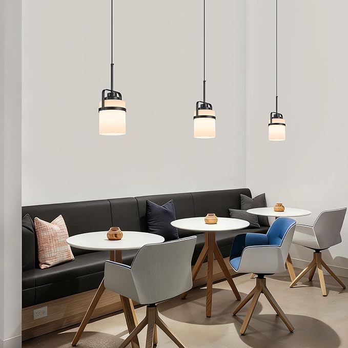 Modern Black Pendant Lights Kitchen Island Light, Adjustable Hanging Light Fixture with Milk Glass Shade, Farmhouse Pendant Light for Dining Room Bar Over Sink/Table/Counter, 1 Pack