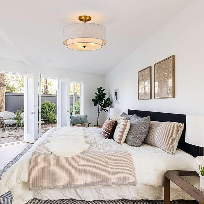 3-Light Semi Flush Mount Ceiling Light Fixture, 16" Gold Drum Light Fixture, Modern Close to Ceiling Light with 2-Laye Fabric Shade Lamps for Bedroom Living Dining Room Hallway Entryway Foyer