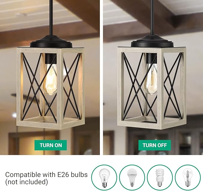DEWENWILS Farmhouse Pendant Light, Metal Hanging Light Fixture with Wooden Grain Finish, 48" Adjustable Pipes for Flat and Slop Ceiling, Kitchen,Island, Living Room, Bedroom, E26 Base