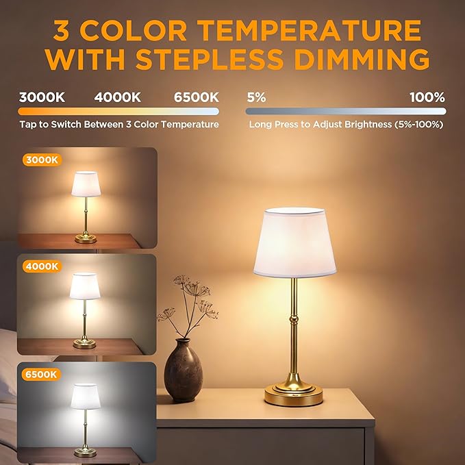 LUTEC 2 Pack Cordless Table Lamp, Battery Operated Lamp with 3 Color Temps and Stepless Dimming, 5200mAh Portable Rechargeable Table Lamp for Restaurant/Bedroom/Bars/Outdoor (Brushed Gold)