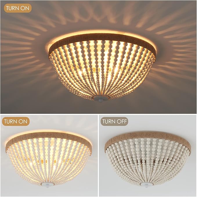 Dia 14.96" Boho Flush Mount Light Fixture Wood Bead, Farmhouse Chandelier, Antique Rustic Ceiling Light Fixture for Kitchen Hallway Entryway Laundry Bedroom Nursery Passway