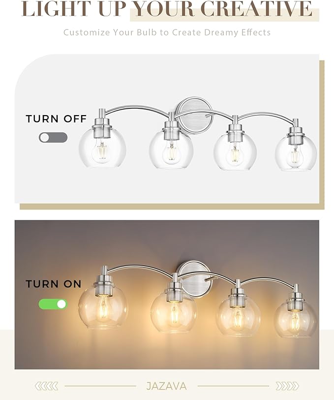 4-Light Bathroom Light Fixture, Brushed Nickel Vanity Light Over Mirror, Globe Glass Wall Sconce, VL02BN-4