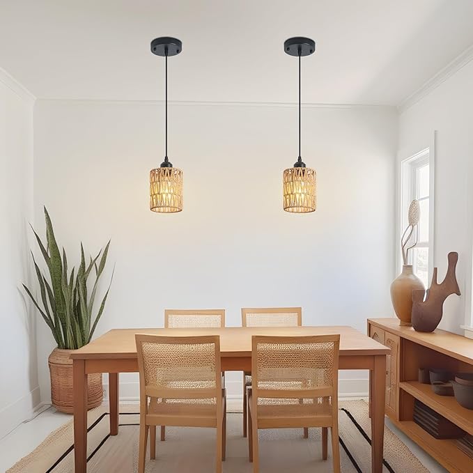 Rattan Chandelier Pendant Lights Kitchen Island,Farmhouse Boho Chandeliers Adjustable Height Hanging lamp for Dining Room,Small Kitchen Ceiling Light Fixtures with Hand Woven Wicker Lampshade