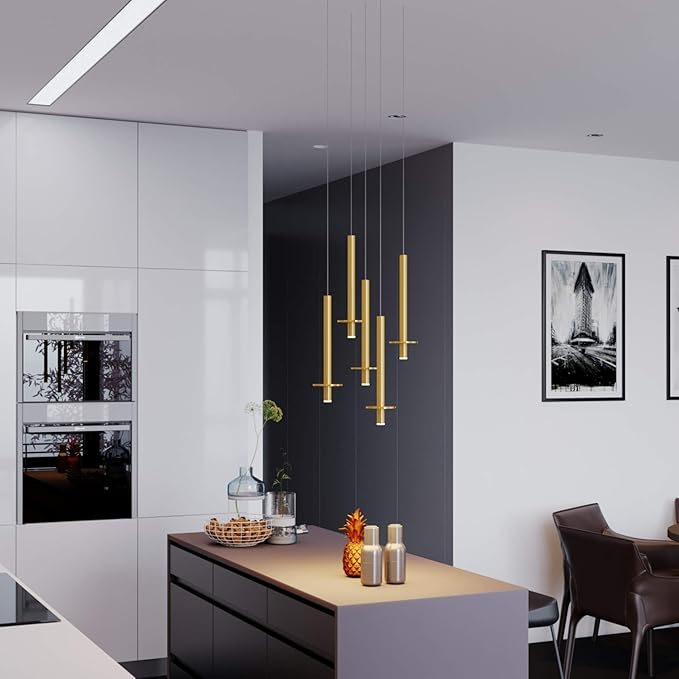 Draco 5 Pendant Lighting Brass – LED Hanging Light Fixture for Kitchen Island, Bar, Foyer – Equilateral Cluster of Mini Metal Rod Pipe Tube Cylinders – Dimmable, Adjustable Wire, Lamp Bulb Included