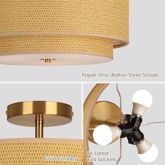 16 Inch Modern Semi Flush Mount Ceiling Light Fixture, Double Rattan and Wicker Style Drum Shade, Gold Farmhouse Flush Ceiling Lamp for Bedroom, Living Room, Dining Room, Kitchen