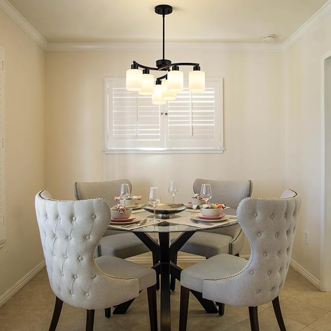6-Light Modern Farmhouse Black Chandelier,22 inch Dining Room Light Fixture,Contemporary Glass Chandelier Adjustable Height Hanging Pendant Lights Kitchen Island,Glass Shade