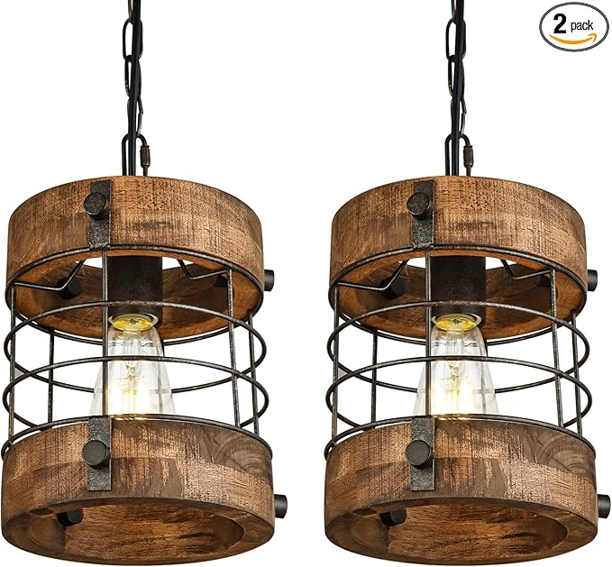 Retro Industrial Metal and Wood Farmhouse Chandeliers, 1-Light Round Cage Pendant Light Fixtures for Farmhouse Kitchen Island Foyer Hallway Bar Dining Room Restaurant, Brown, 2 Pack