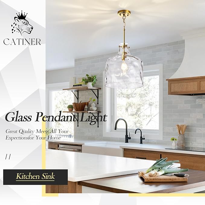 CATINER 16" Extra Large Farmhouse Pendant Light – Hand-Blown Hammered Glass Shade, Gold Finish, Adjustable Chain Ceiling Light for Kitchen Island, Dining Room, Hallway