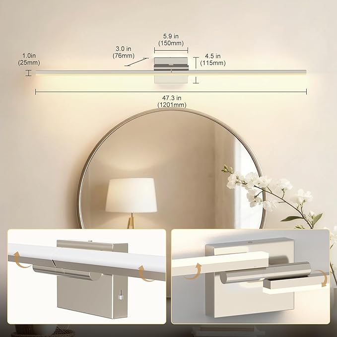 L LOHAS LED 47.3-Inch Bathroom Vanity Light Bar Over Mirror, 180° Rotatable Brushed Nickel Modern Bathroom Light Fixtures, 3CCT Adjustable LED Vanity Lights for Living Room Wall