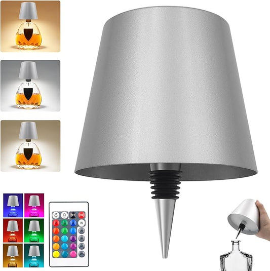 Wireless Bottle Lamp with Remote Control, Rechargeable RGB Wine Bottle with 3Modes Light Dimming, Waterproof Bottle Touch Lamp Head for Room, Bar, Restaurant and Party Decorations(Silver RGB)