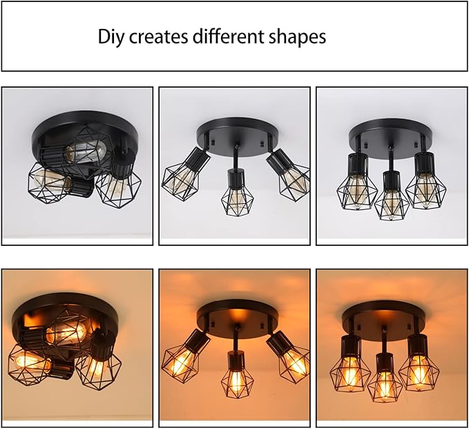 3-Light Flush Mount Ceiling Light Fixture, Industrial Kitchen Light Fixtures Ceiling, E26 Black Farmhouse Ceiling Light Fixture Black for Dining Room Hallway Entryway