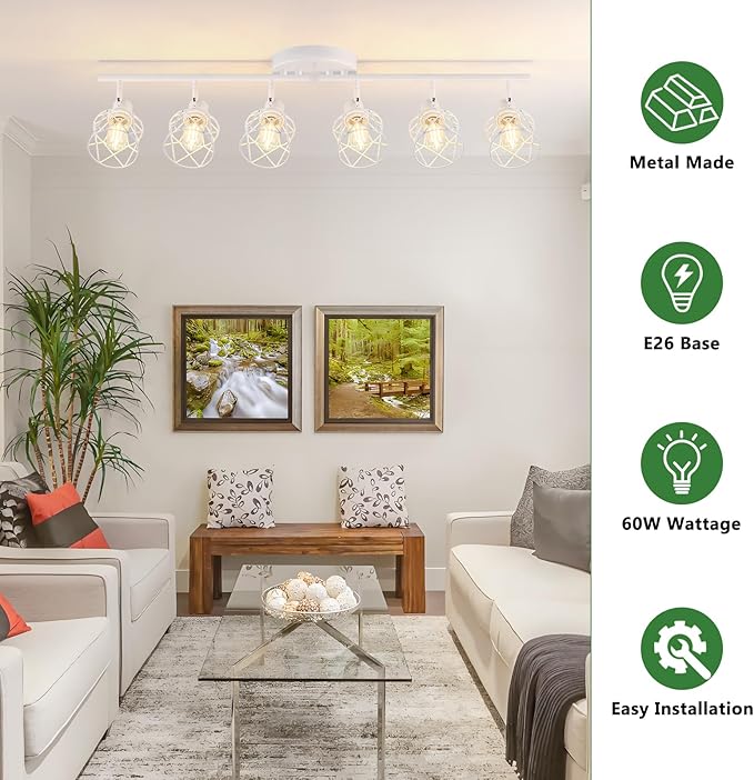 6-Lights White Semi Flush Mount Ceiling Light with Geometric Metal Cage, Modern Kitchen Track Lighting Fixtures Ceiling, Rotatable Close to Ceiling lamp for Entryway, Living Room, Hallway