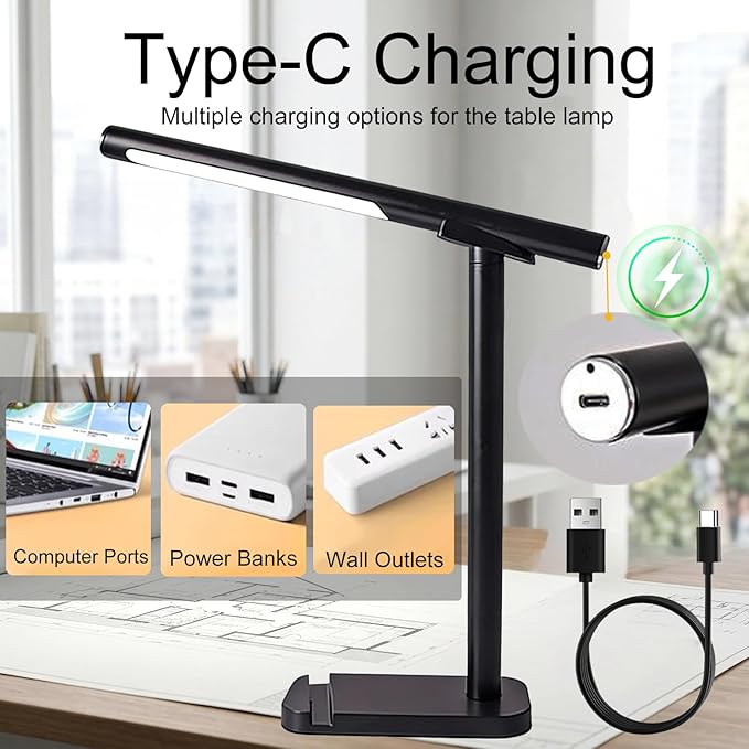LED Cordless Desk Lamp, Touch Desk Lights with 3 Color Modes 5 Brightness for Home Office, Bedroom, Magnetic Night Lights with USB Charging Port, Eye-Caring Table Light for Study, Read, Work