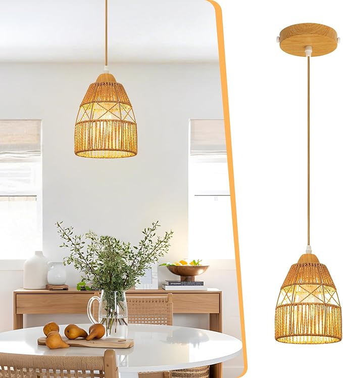 Boho Rattan Pendant Light Kitchen Island,Farmhouse Chandeliers Adjustable Height Hanging lamp for Dining Room,Small Kitchen Ceiling Lights Fixtures with Hand Woven Wicker Lampshade Lighting