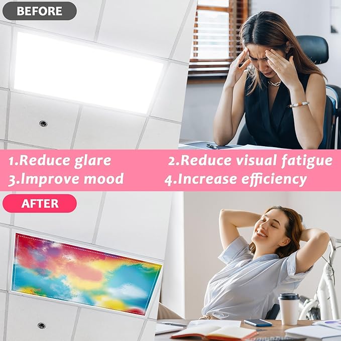QOUBAI 6PCS Fluorescent Light Covers, 4x2 Feet Magnetic Light Cover Fluorescent Lights Shade Panel Positive Inspirational Ceiling Lights Filters for Office Classroom Home Drop Ceiling Tie Dye
