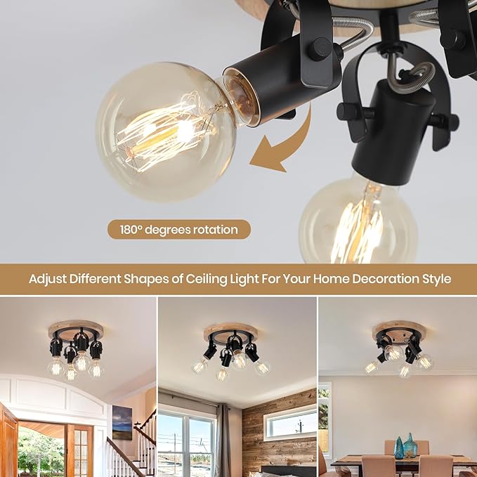 SEEBLEN 4-Light Round Flush Mount Ceiling Light，Adjustable Farmhouse Kitchen Track Light with Wood Base, Multi-Directional Dining Room Light for Island Hallway Entryway Bedroom.
