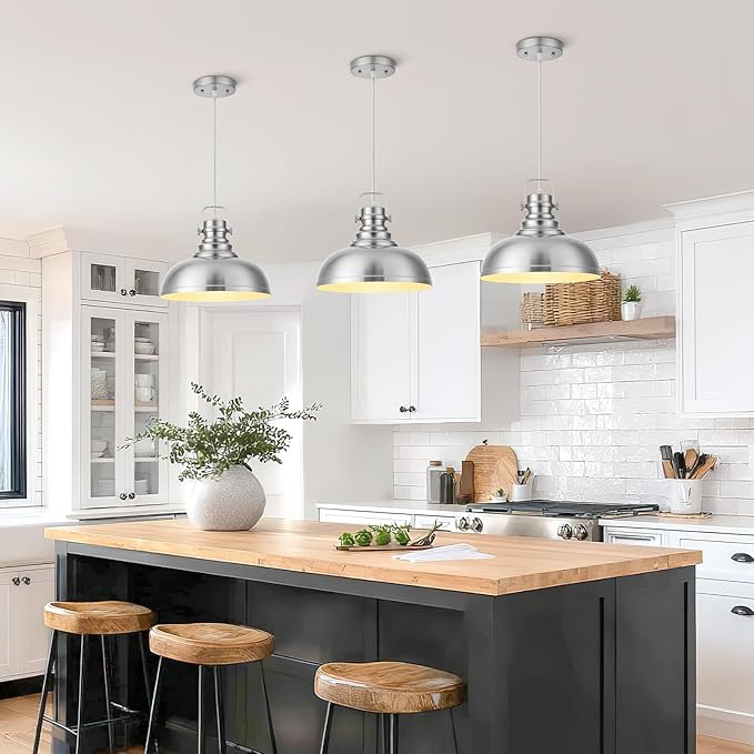 Refice Brushed Nikcel Farmhouse Pendant Lights Industrial Pendant Lighting for Kitchen Island Adjustable Height Dome Hanging Lights for Barn, Dining Room 2 Packs