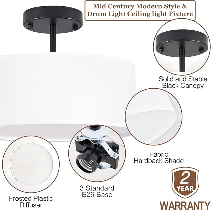 Bargeni Semi Flush Mount Ceiling Light,13 inch Modern 3-Light Ceiling Light Fixture,Black Semi Flush Mount Light Fixture,Flush Mount Lighting for Bedroom,Dinning Room and Hallway