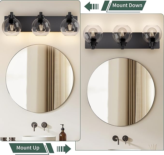 Espird Bathroom Light Fixtures-Matte Black Vanity Lights for Bathroom, Modern Black Vanity Lights 3-Light Bathrooms Lighting Fixtures Over Mirror with Clear Glass Shade