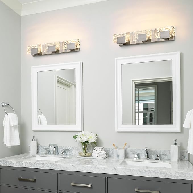 LED Bathroom Vanity Light: 24 Inch Brushed Nickel Acrylic Modern Lighting Fixtures - 3-Lights Contemporary Smoke Design Wall Lights Fixture Over Mirror 3000K