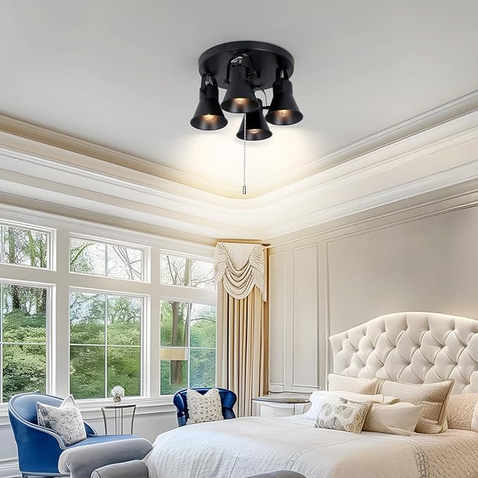 SEEBLEN 4-Light Industrial Track Lighting with Pull Chain On/Off Switch, Adjustable Round Kitchen Ceiling Light, Morden Black Flush Mount Directional Light for Kitchen, Hallway, Dining Room.