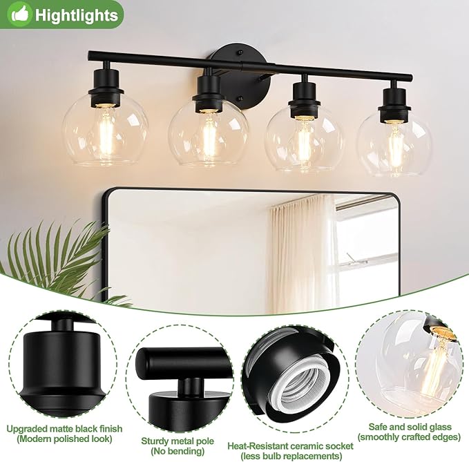 Indoi 4-Light Bathroom Light Fixtures, Black Bathroom Lights Over Mirror with Clear Glass Globe Shade, Vanity Lights for Bathroom Kitchen Living Room Hallway Cabinet Bedroom Porch