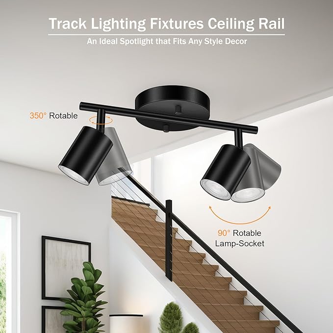Black Track Lighting Ceiling, 2 Lights Track Lighting for Kitchen, Modern Track Lights Fixtures Ceiling Kit, Rotatable Track Heads, Wall Mount Spot Lighting for Living Room/Bedroom(Bulb Not Included)
