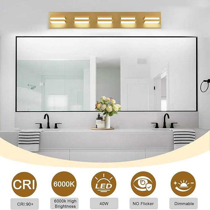 IZORRO LED Modern Bathroom Lights Fixtures(5-Light,Dimmable,360°Rotate),Brushed Glod Acrylic Wall Lighting,Vanity Lights for Bathroom Over Mirror - 6000k 30In （No Assembly Required）