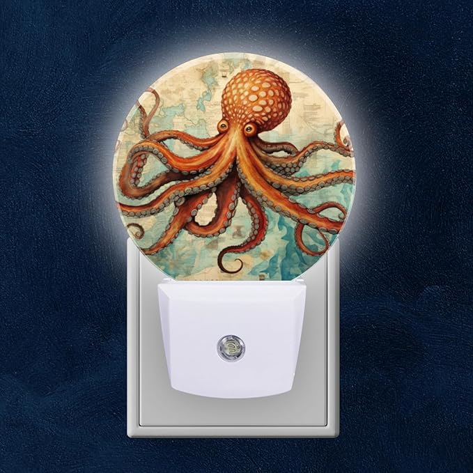 Round LED Night Lights Lamp with Dusk to Dawn Sensor, Vintage-Style Illustration of Octopus Night Light Plug Into Wall for Kids Room, Bedroom, Bathroom, Kitchen, Hallway