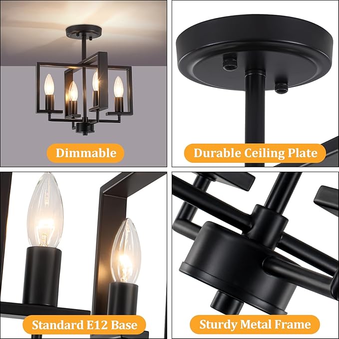 TOULMJ Black Semi Flush Mount Ceiling Light Fixture, 4-Light Farmhouse Hallway Light Fixtures Modern Light Fixture Metal Geometric for Kichen Island Entryway Dining Laundry Room, 12.6 in