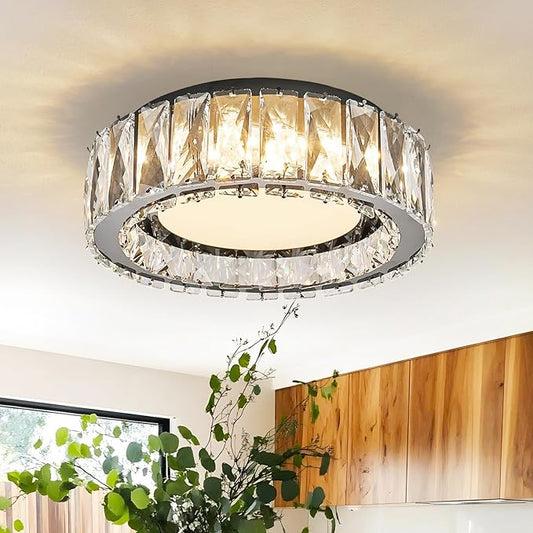 Crystal Dimmable Flush Mount Ceiling Light, Black Modern LED Close to Ceiling Light Fixture with 5CCT 2700K-6000K, Round Kitchen Lighting for Bedroom, Laundry Room, Hallway, Bathroom (11in 24W)