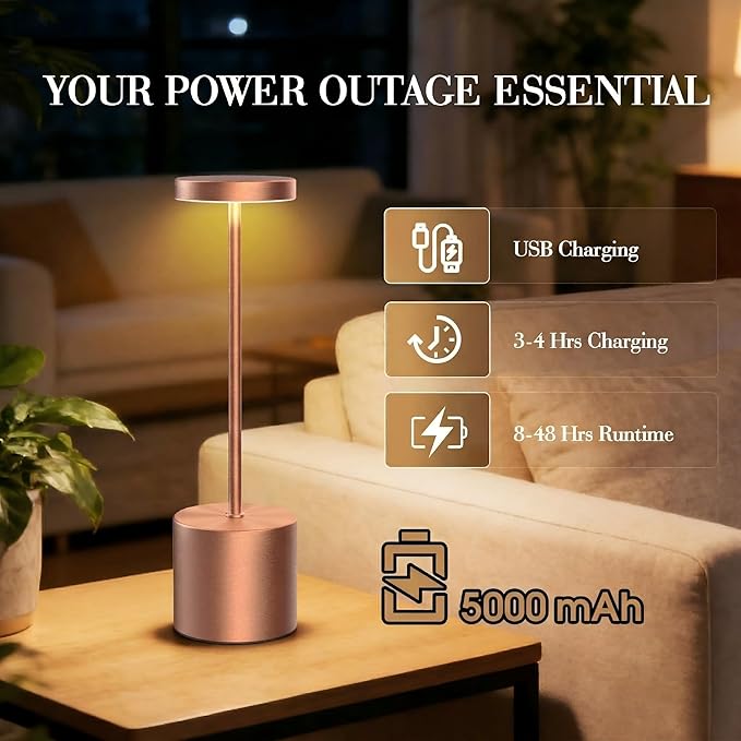 Cordless Table Lamp Set of 2, 5000mAh Rechargeable Lamp with Touch Control & Stepless Dimming, 3 Light Modes, IP54 Waterproof Portable Light for Dining Table, Patio, Bedroom, Power Outage (Rose Gold)