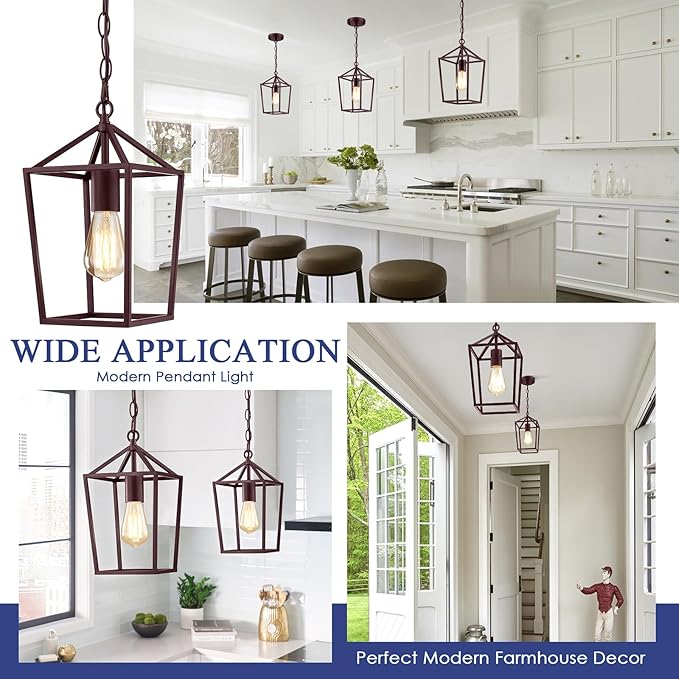 2-Pack Farmhouse Pendant Lights Kitchen Island, Pendant Light Fixtures Hanging Lamp for Dining Room, Modern Kitchen Pendant Lighting Over Island, Metal Cage Design, Brown