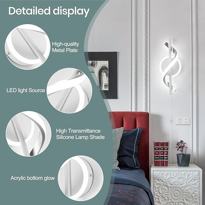 LED Wall Sconces Indoor, 12W Plug In Wall Sconces Set of 2, Modern Spiral Wall Lamp, Bedside Wall Lamps, 6000K Cold White Wall Light Fixture for Bedroom Stairs Living Room Hallway (Cold White, White)