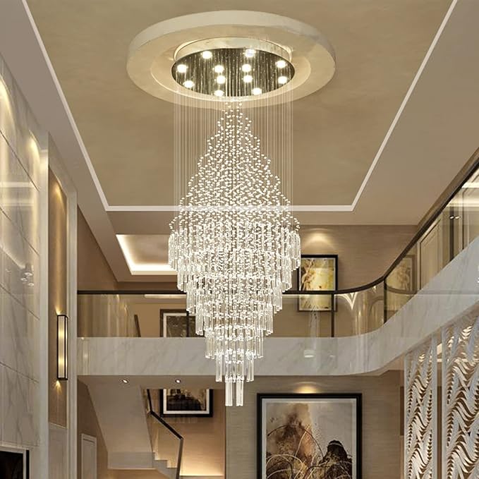 7PM Luxury Crystal Chandelier, 18-Lights Foyer Chandelier for High Ceilings Modern Round Raindrop Ceiling Light Fixture Flush Mount for Staircase Foyer Hotel W32 X H83