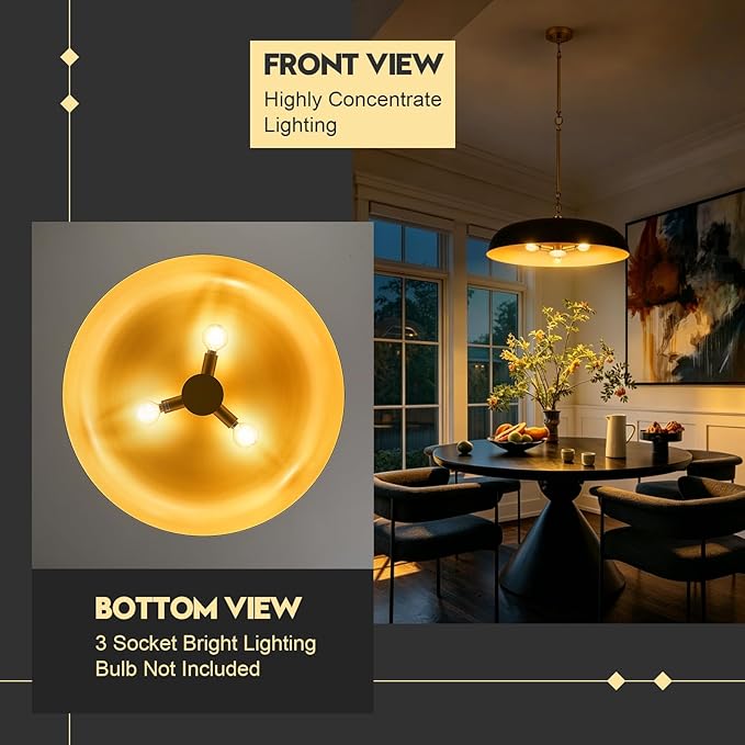 Large Pendant Light 20in Black and Gold Dome Pendant Lights 3 Light Socket Pendant Light Fixture with Adjustable Pendant Lighting for Kitchen Island Dining Room Kitchen Sink, E12