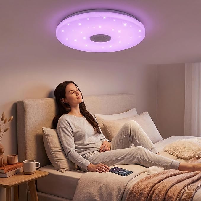 HANTANG RGB Ceiling Light with BT Speaker, 42W 14Inch Smart Music Lights Colorful Dimmable with APP and Remote Control, Color Changing Led Light Fixture Flush Mount for Bathroom Shower Bedroom
