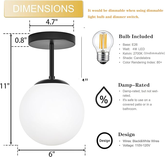 6" Mid Century Modern Globe Semi Flush Mount Ceiling Light Fixture Frosted Glass with Black Finish1-Light Globe Glass Ceiling Lights for Aisle Porch Stairway Closet Kitchen Laundry Room (Bulb Incl.)