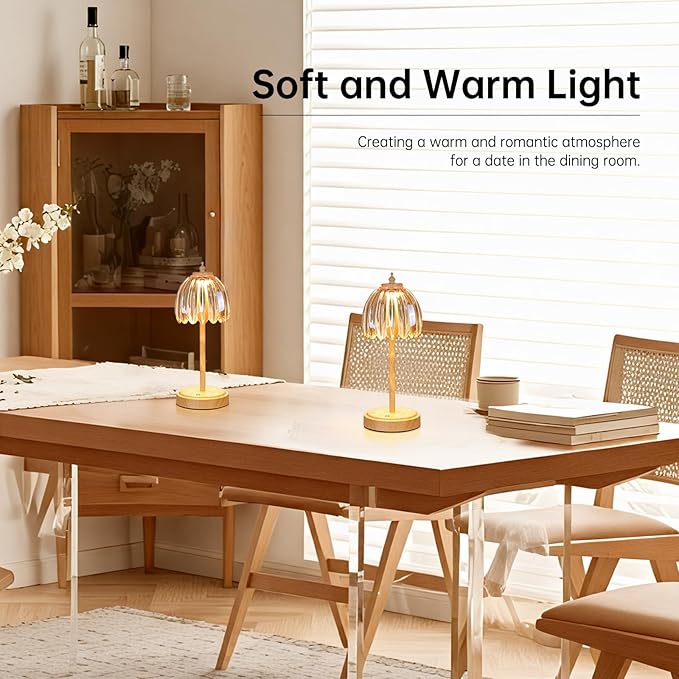 Shenmoyl Tulip Table Lamp with 5200mAh Battery & Touch Control, Small Cordless Table Lamp with 3 Colors, Rechargeable Battery Operated Table Lamps for Bedroom, Desk, Bedside (Amber-Beech Color)